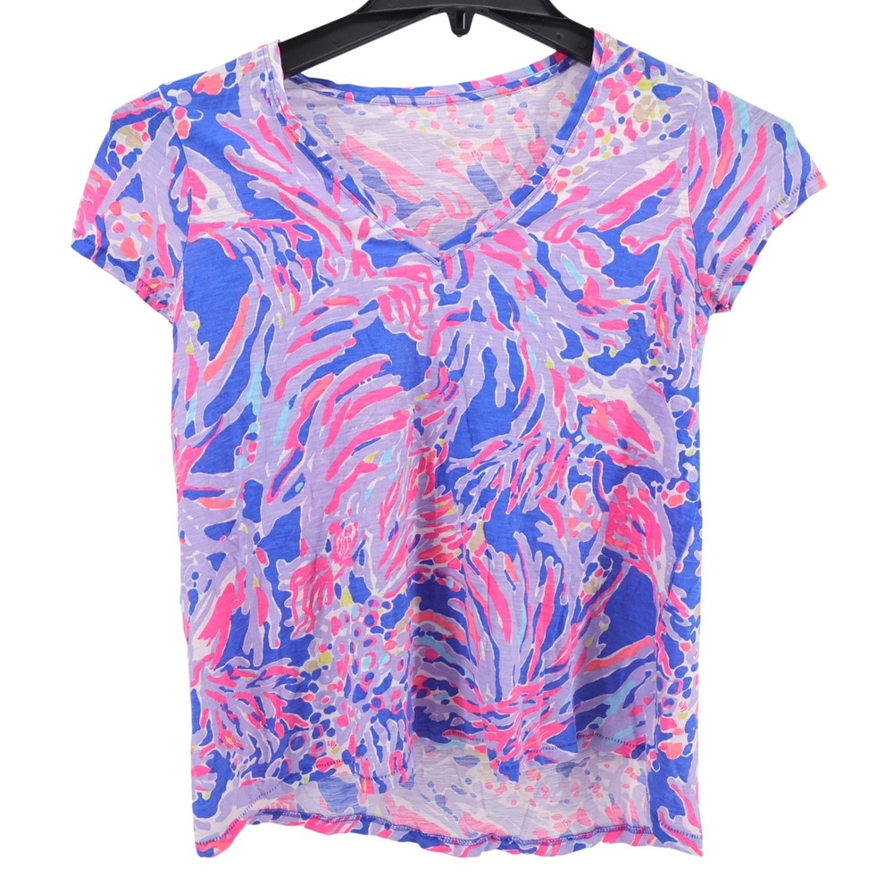 Lilly Pulitzer V-Neck Etta Tee Blue Pink Short Sleeve Womens XS Shirt
